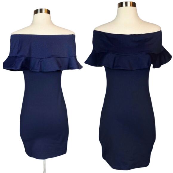 SUSANA MONACO Off Shoulder Dress Hannah Ruffles Jersey Knit Midnight Navy XS NWT - Picture 3 of 10